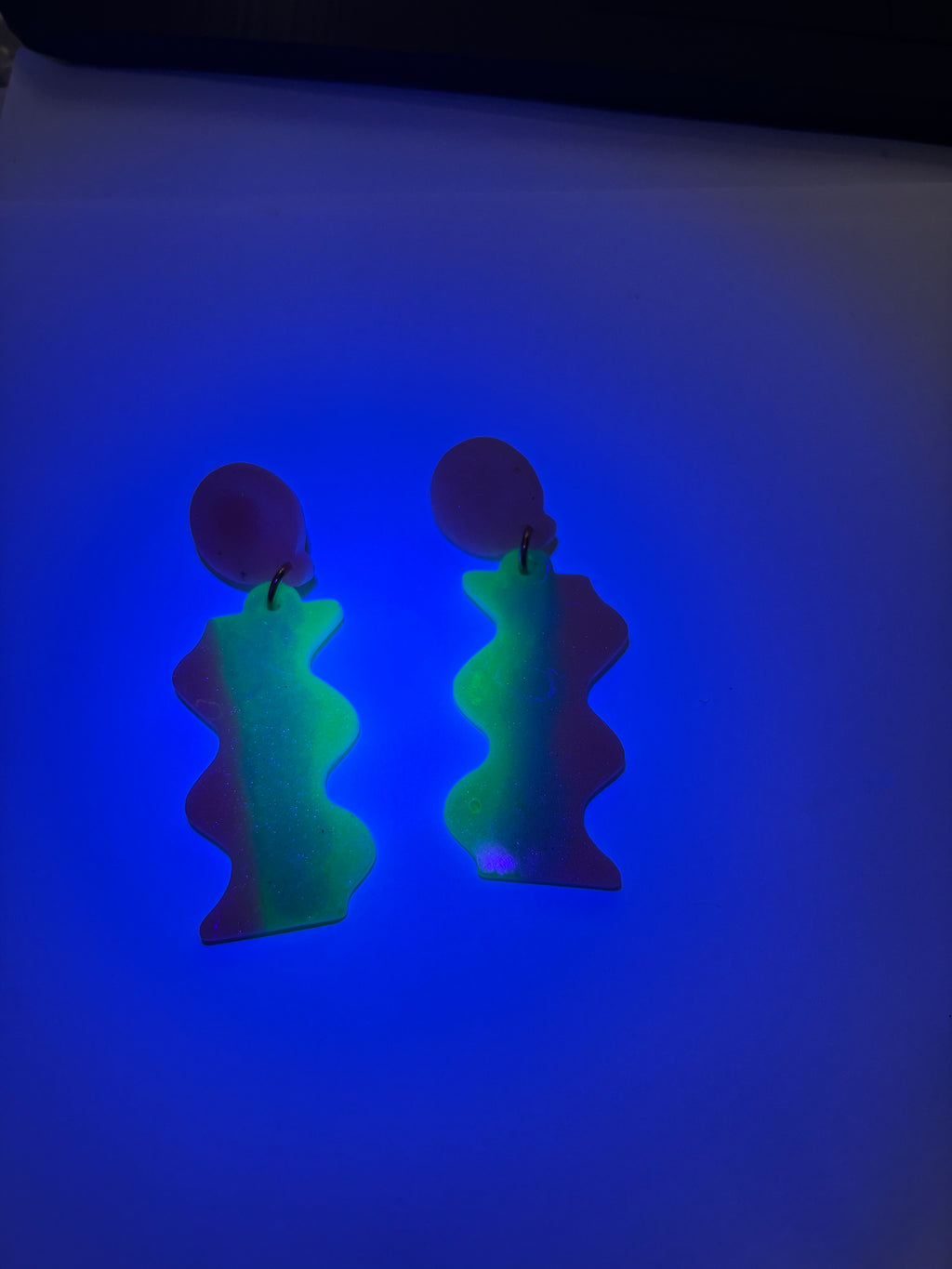 Party earring. Glow in the dark and UV lights. Unique. Handmade earring. One of a kind. Never to be repeated.    G01