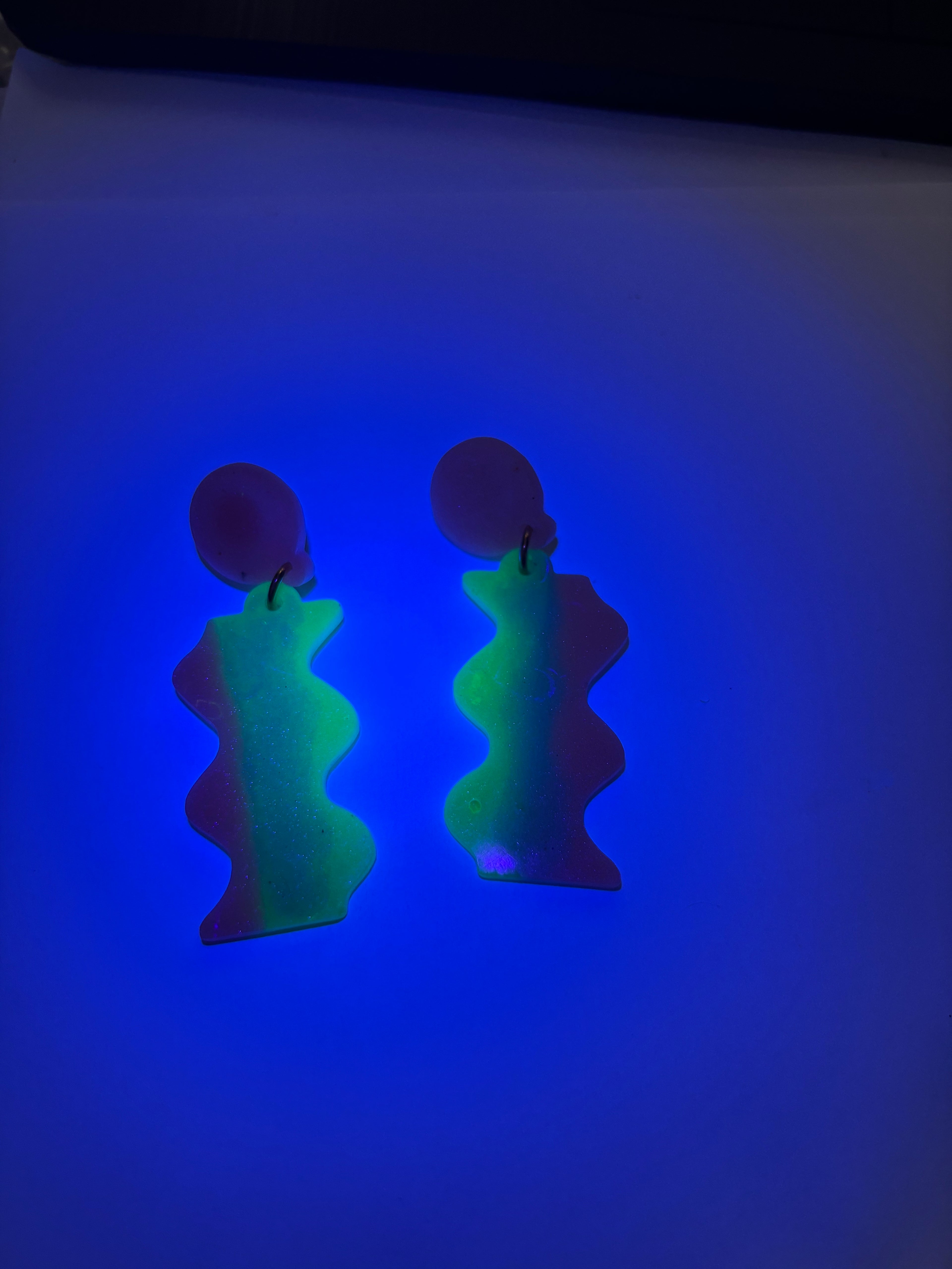 Party earring. Glow in the dark and UV lights. Unique. Handmade earring. One of a kind. Never to be repeated.    G01