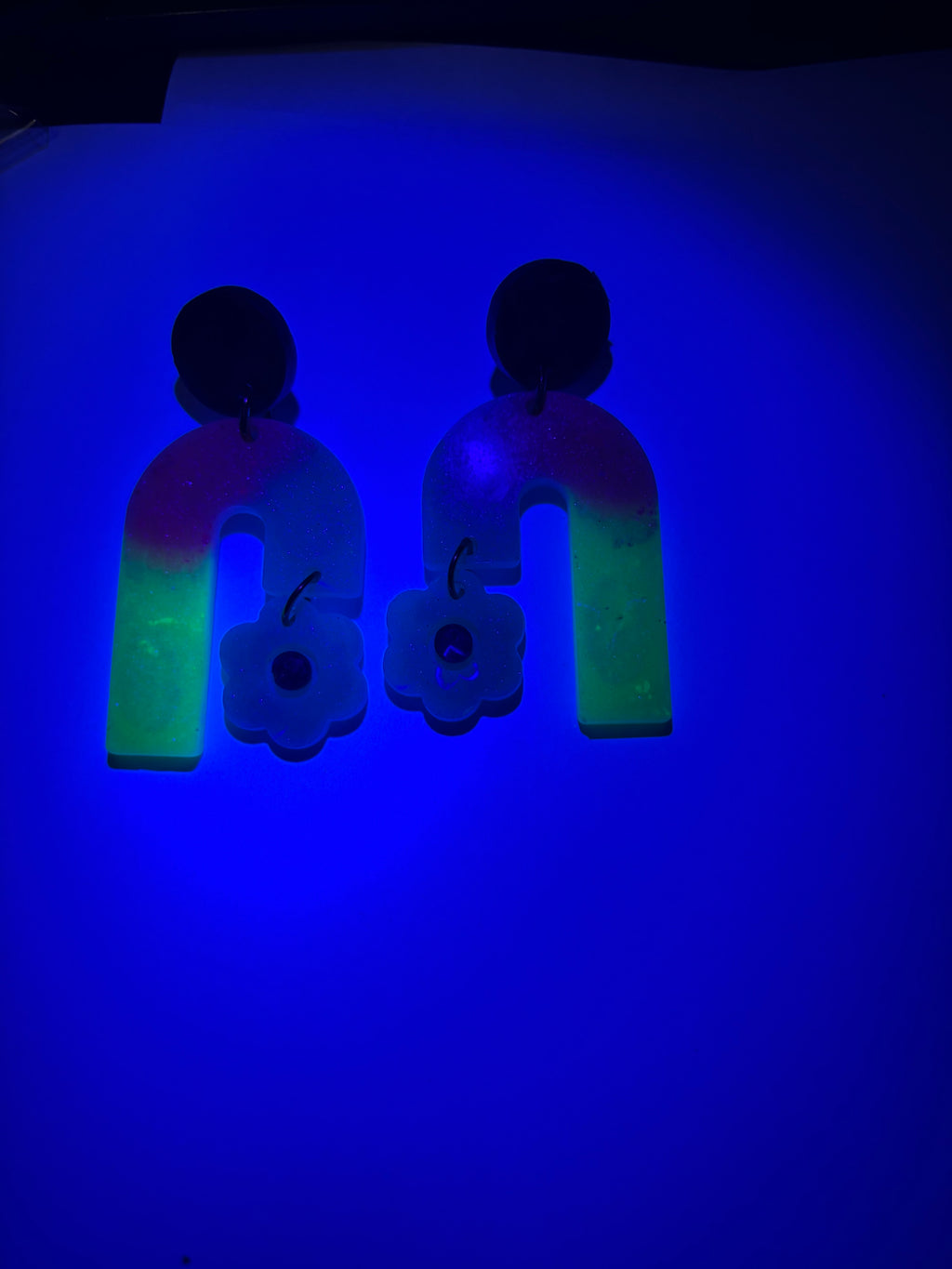 Party earring. Glow in the dark and UV lights. Unique. Handmade. One of a kind. never to be repeated. Make it yours.    D09