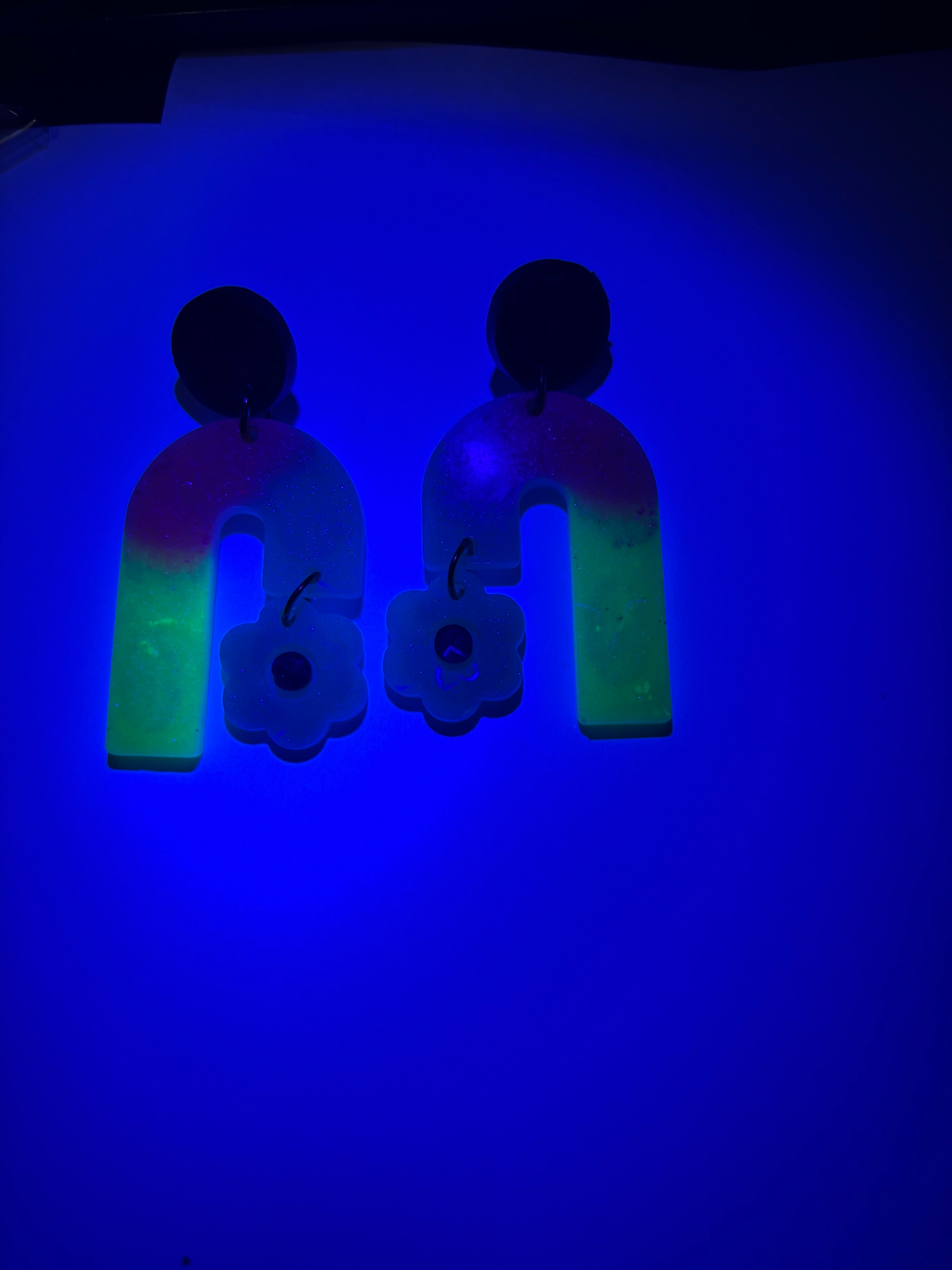 Party earring. Glow in the dark and UV lights. Unique. Handmade. One of a kind. never to be repeated. Make it yours.    D09