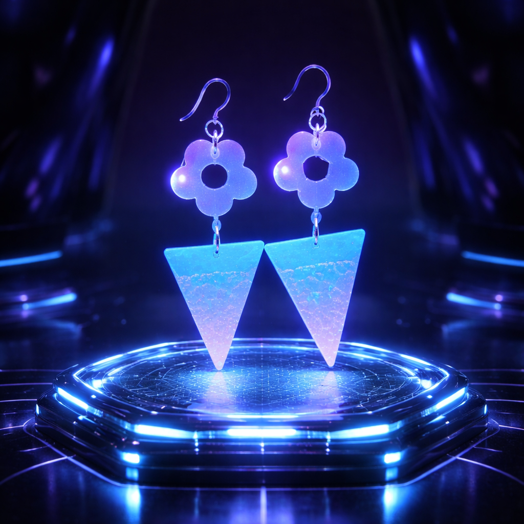 A cool funky party earring with UV glow and hypo-allergenic hooks. You can take this pair anywhere, make it part of your collection.  N09