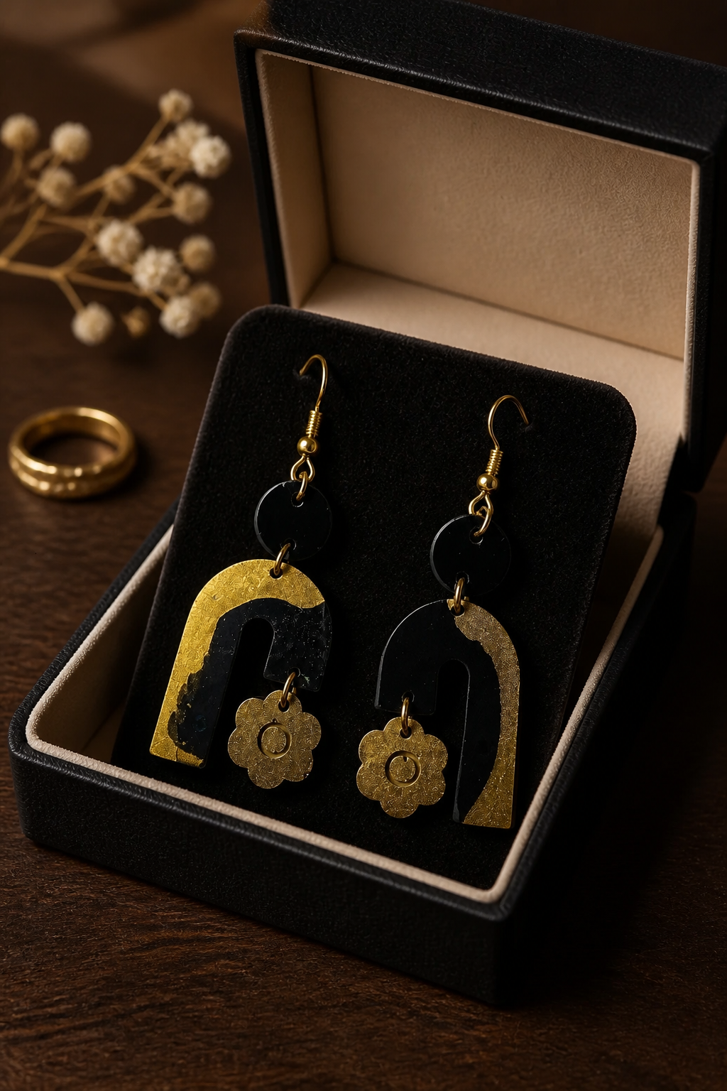 A bold and stylish handmade earring fitted with gold plated hypo-allergenic hooks. Only one made.  P01