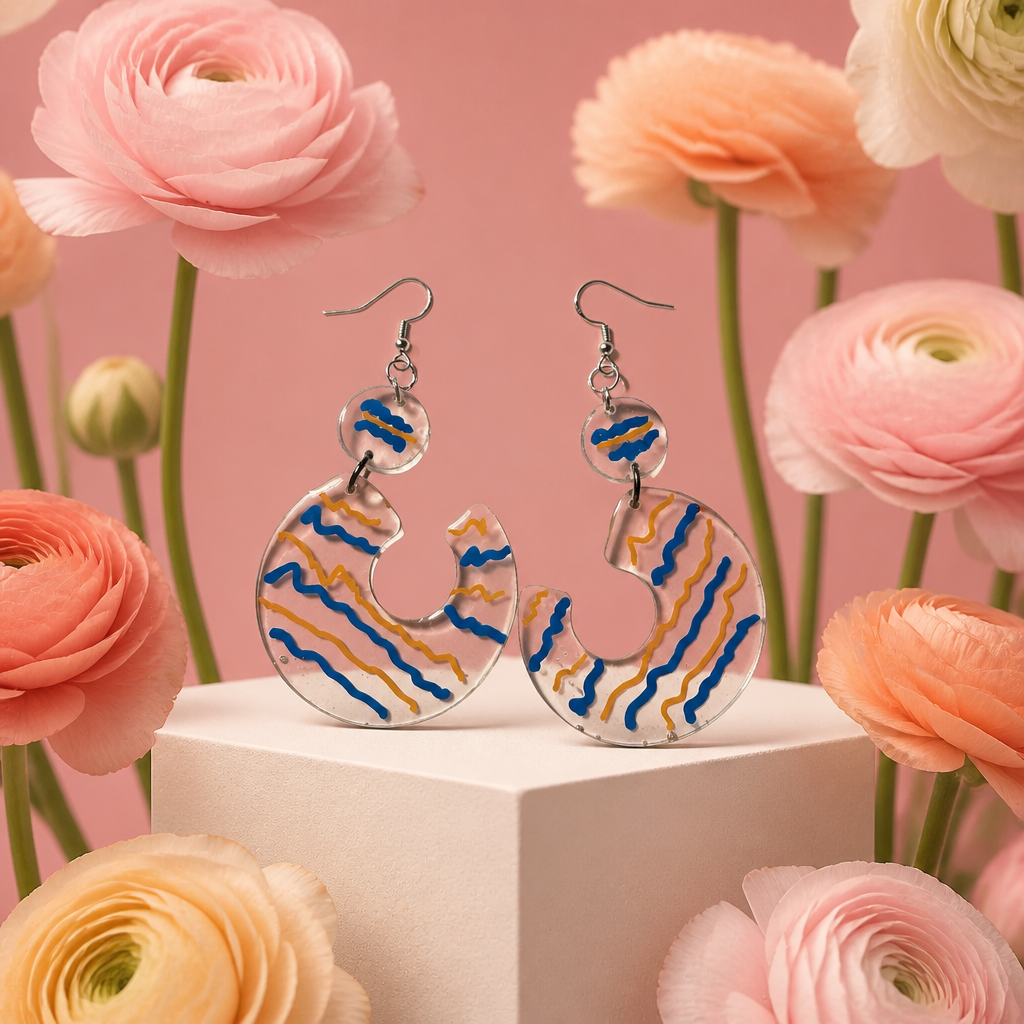 Elegant handmade earringswith gold and blue stripes and 925 s silver hypoallergenic hooks   P10
