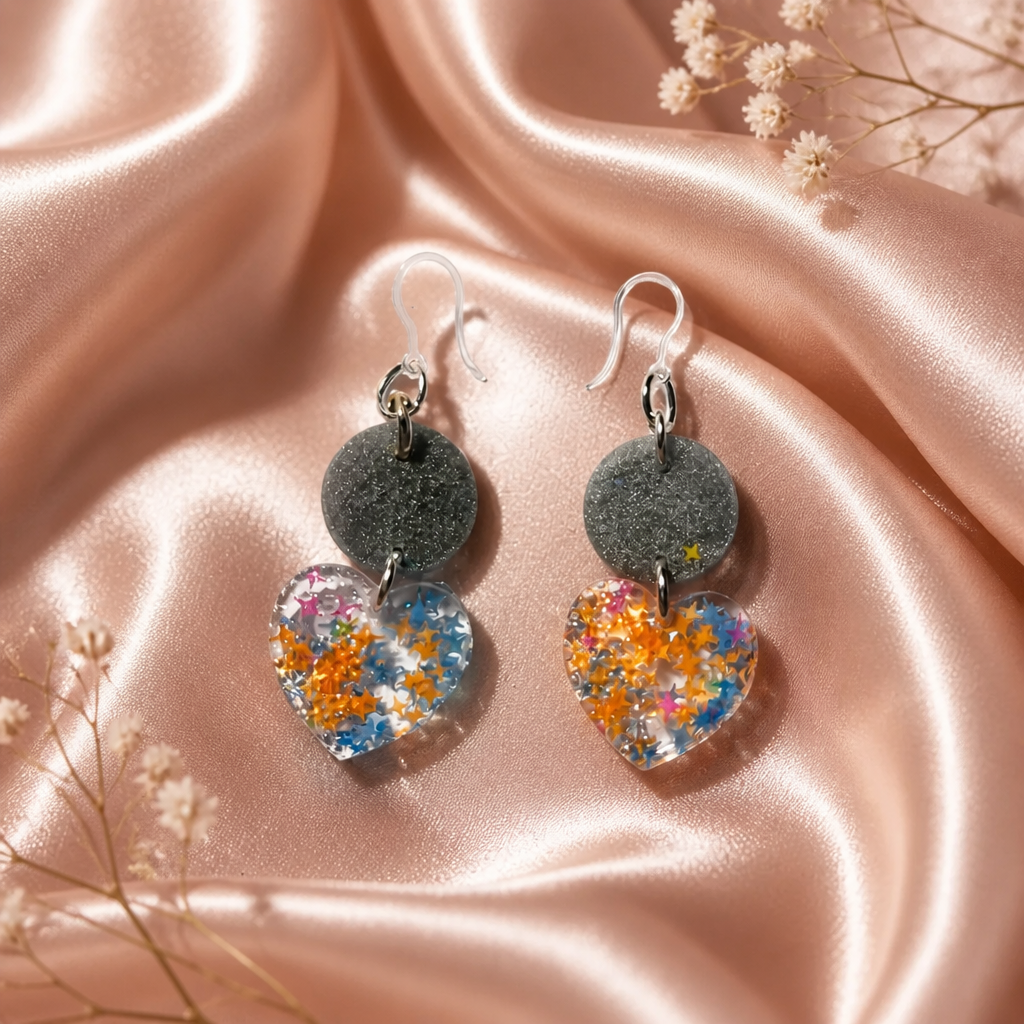 A glam funky party earring with comfy hooks and uv glow. Elegance to take home .    R012