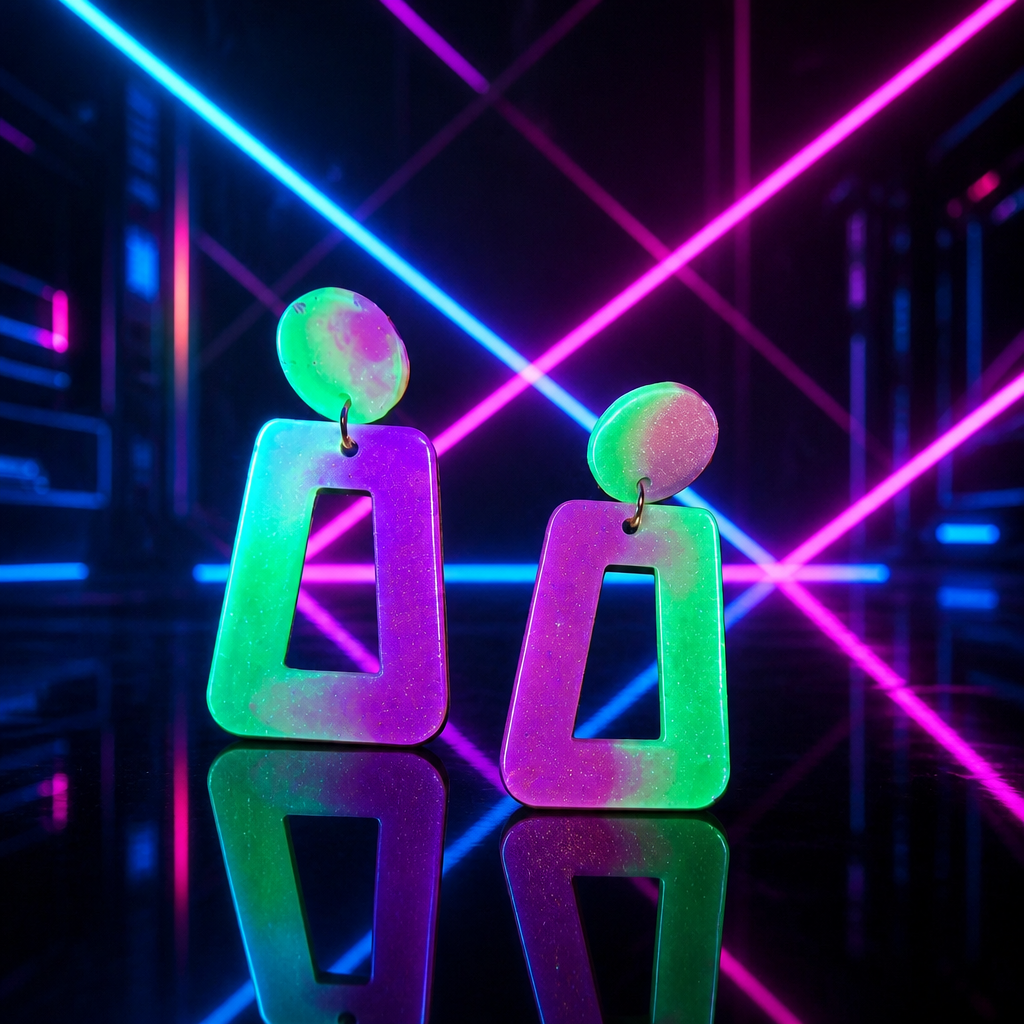 A beautiful bold funky party earring that glows in the dark and UV party lights. Made to turn heads. S08