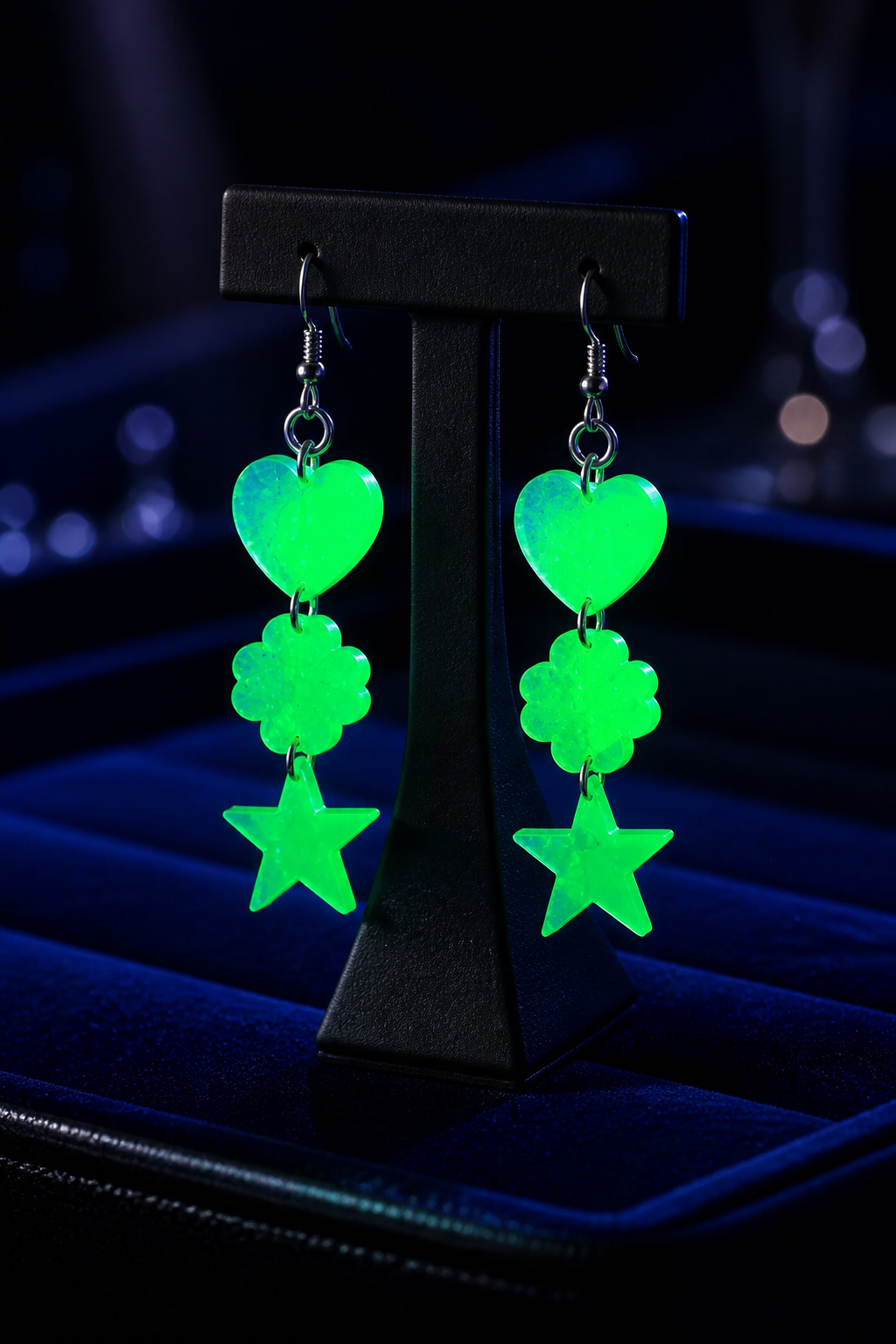 A neon delightful glow in the dark handmade earring. Sparkle and shine at any party. T01