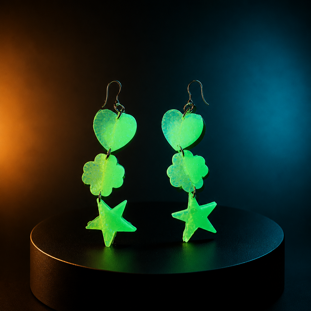 A neon delightful glow in the dark handmade earring. Sparkle and shine at any party. T01