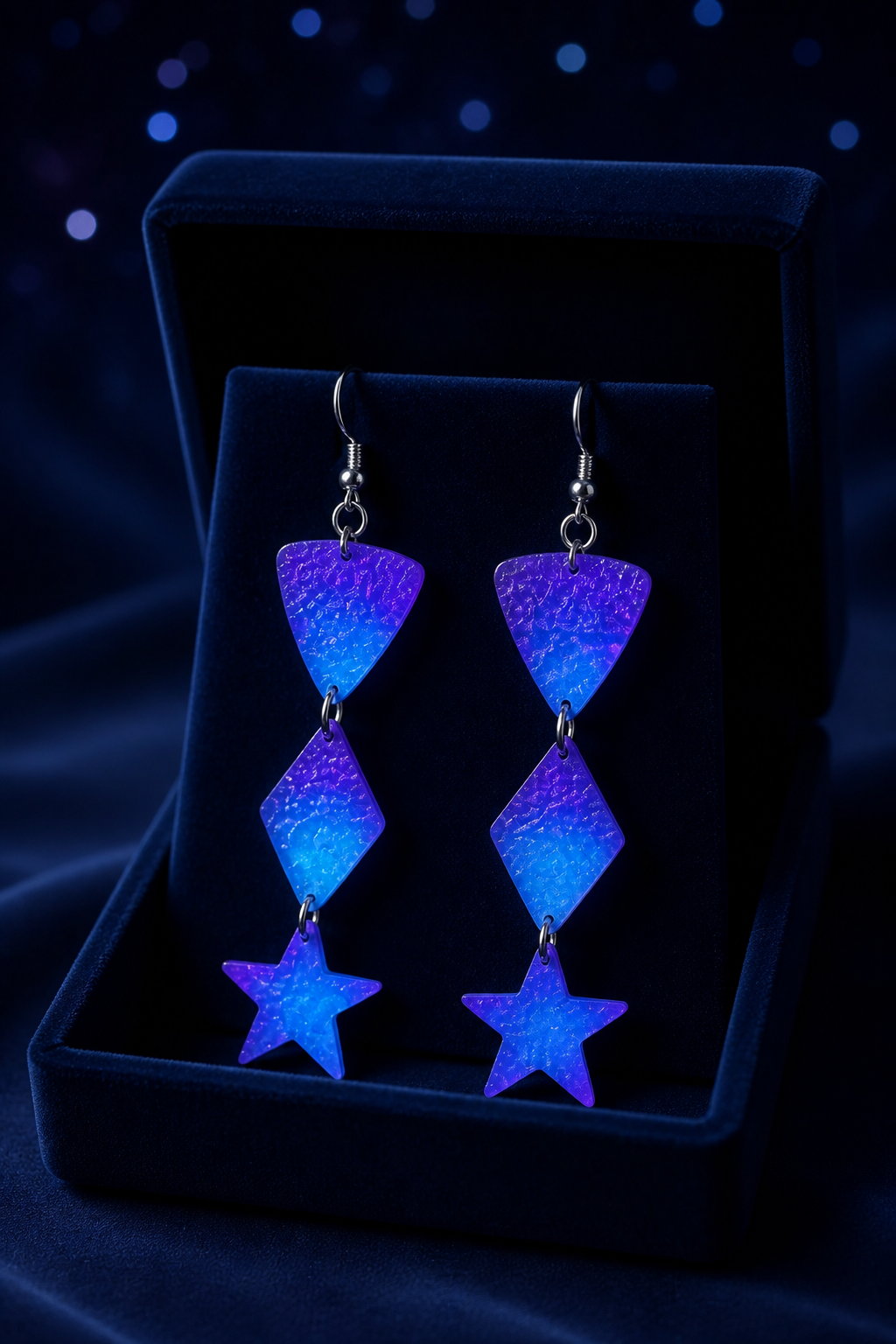 A glam neon UV glow handmade earring to brighten any party, be seen with these. Comfy hypo-allergenic hoohs fitted for all night dancing. T03