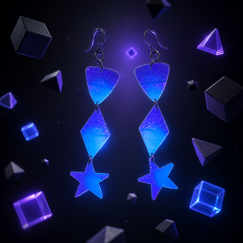 A glam neon UV glow handmade earring to brighten any party, be seen with these. Comfy hypo-allergenic hoohs fitted for all night dancing. T03