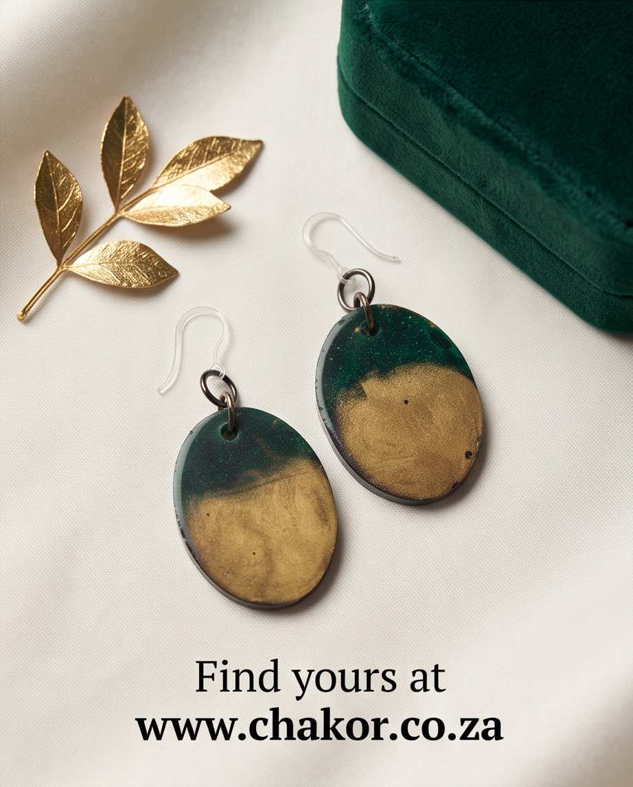 Elevate your style with these sunning green and gold earring. secure it now. Design X01 www.chakor.co.za