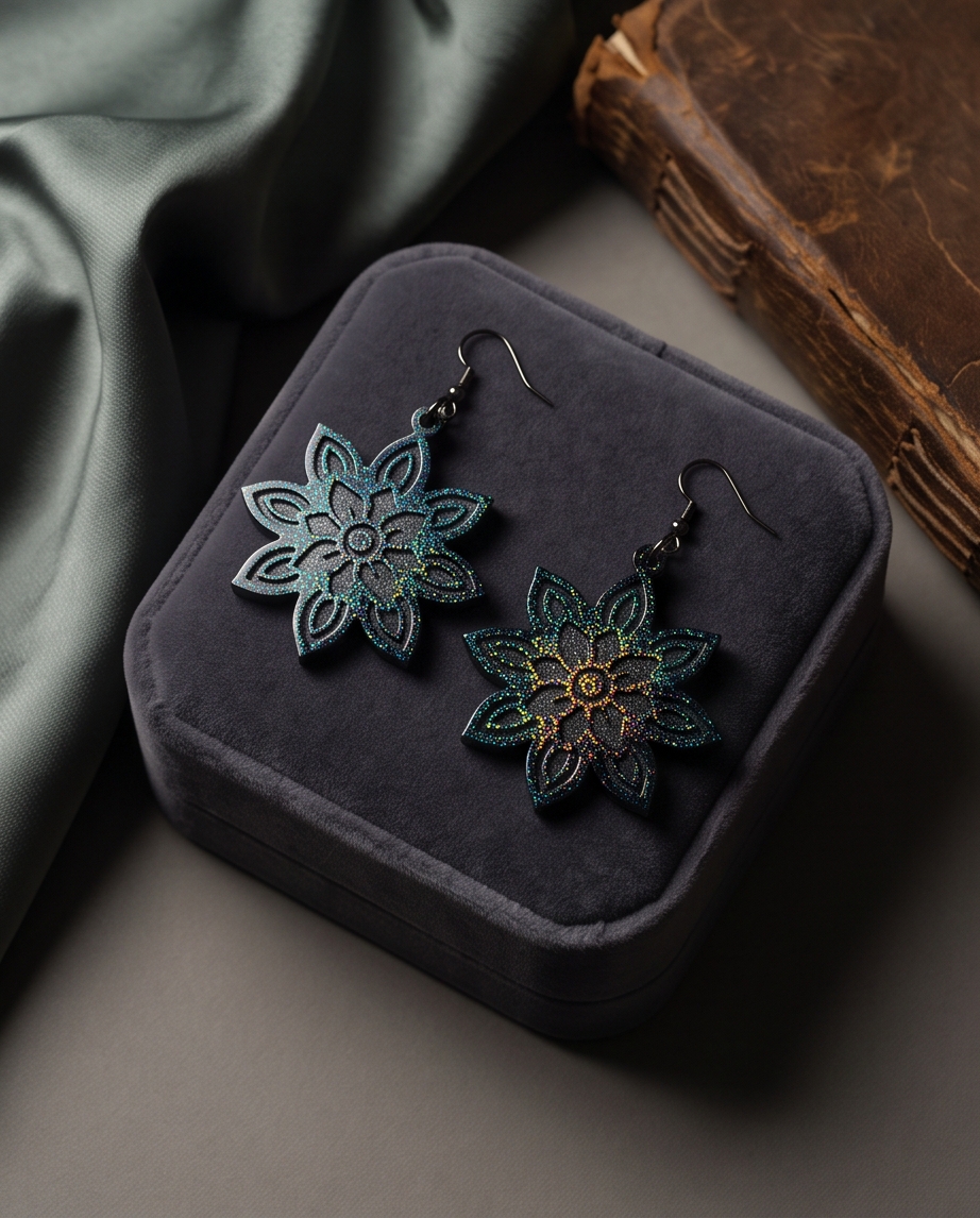 Elevate your evening look with these shimmering floral handcrafted earrings. Design X03 www.chakor .co.za